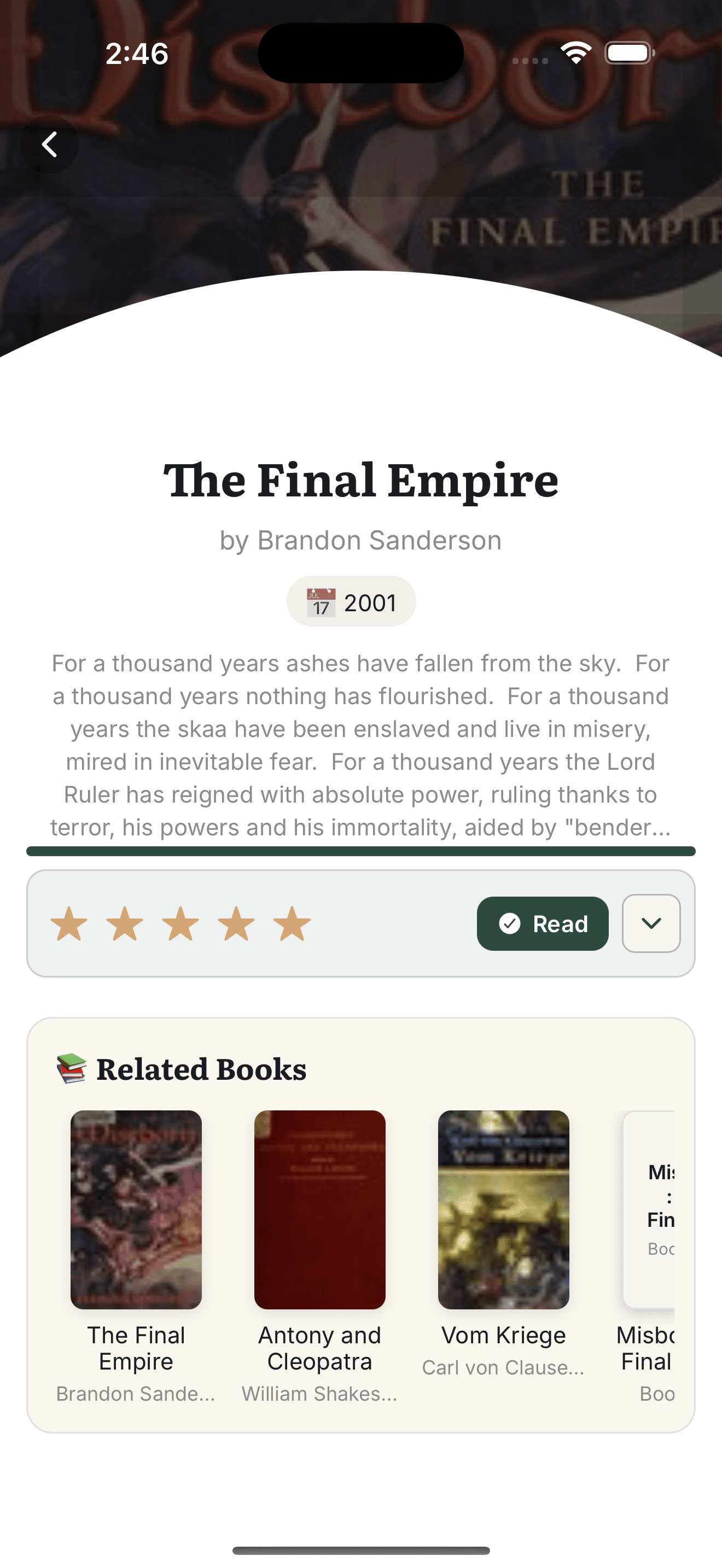 Book detail page for The Final Empire showing ratings and related books