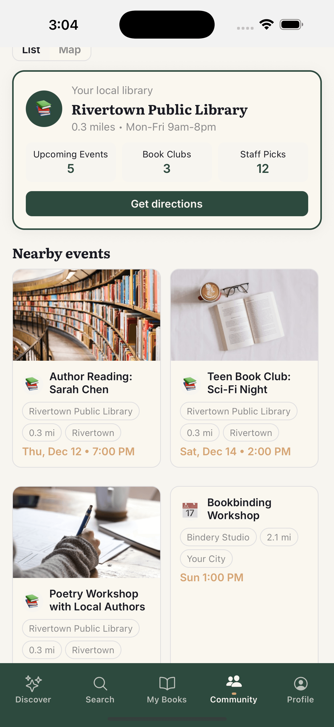 Community tab featuring local library integration with Rivertown Public Library events